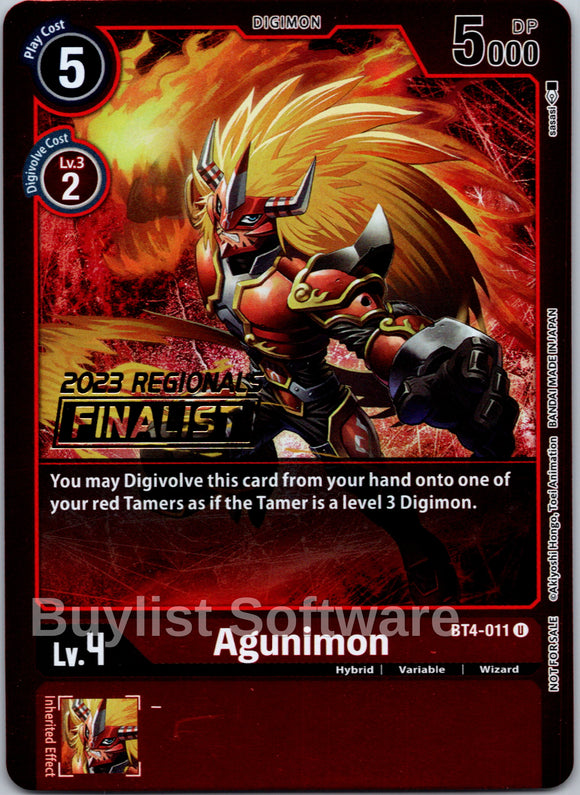 Agunimon - BT4-011 (2023 Regionals Finalist) [BT4-011] [Great Legend] Foil