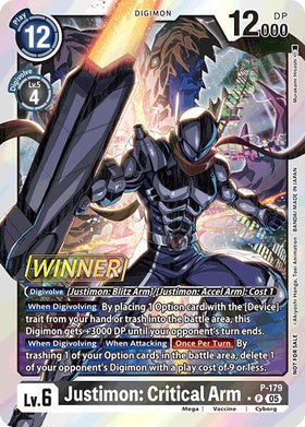 Justimon: Critical Arm (Store Tournament 2025 Vol.2 Winner Pack) [P-179 P] [Digimon Promotion Cards] Foil