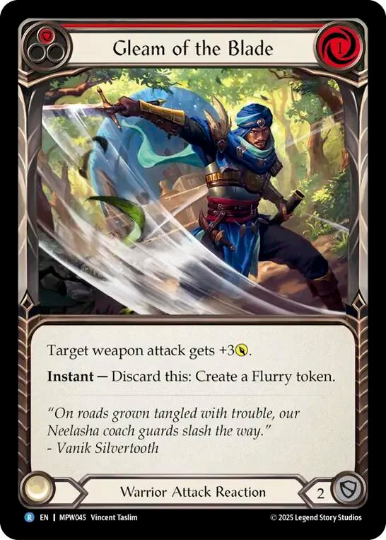 7f998800-094f-4d95-9b49-c412d4de43f2 | fab-mpw045-nf-mastpackwarr-r-rar-nm | Gleam of the Blade (Red)