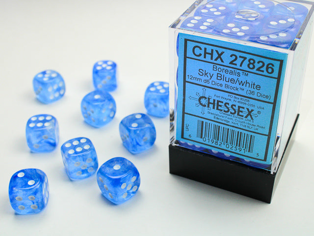 Chessex 36ct Sky Blue w/white Borealis D6 Dice - Duel Kingdom